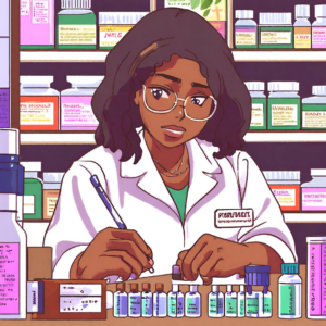 An illustration of a pharmacist in a pharmacy setting.