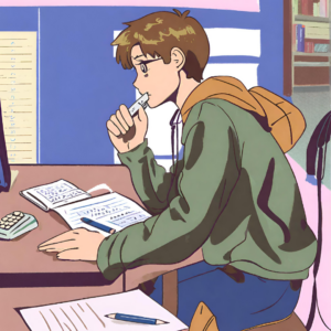 Cartoon graphic of a student taking a test.