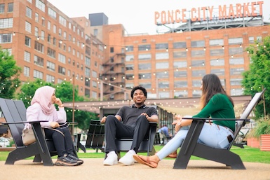 Students relaxing in front of ponce city market in Atlanta, GA