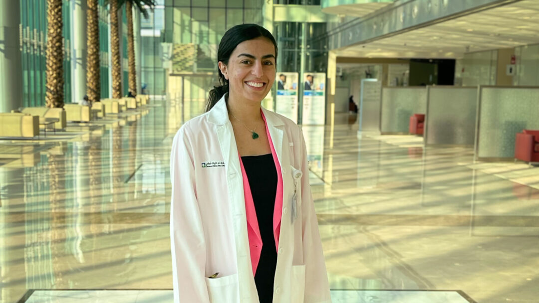 Tia Karout, a pharmacy student, in the hallway of Cleveland Clinic Abu Dhabi