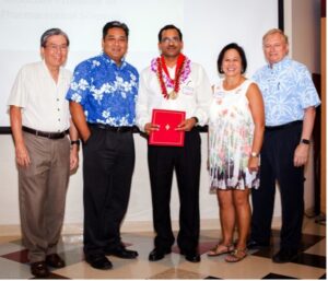 Dr. Mahavir Bhupal Chougule received the prestigious Koichi and Taniyo Taniguchi Award for Excellence and Innovation from Dr. Donald O. Straney, Chancellor of the University of Hawaii at Hilo. The award recognizes faculty for creative teaching and research contributions that advance the University's mission, May 12, 2016